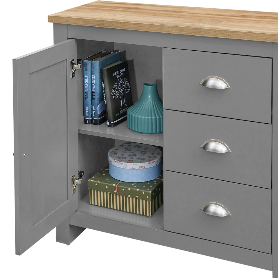 image 1 of Lisbon 1 Door 3 Drawer Storage Cabinet Sideboard Grey & Oak