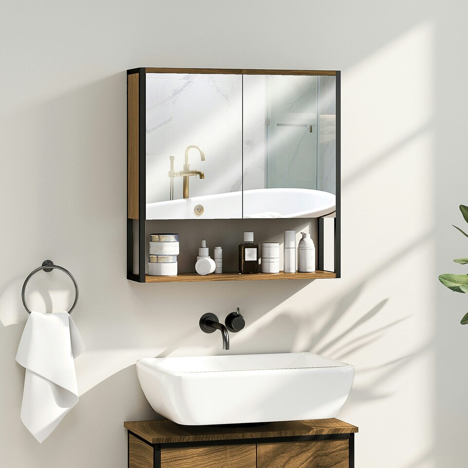 image 1 of HOMCOM Industrial Bathroom Cabinet with 2 Mirrored Doors Open Shelf Brown