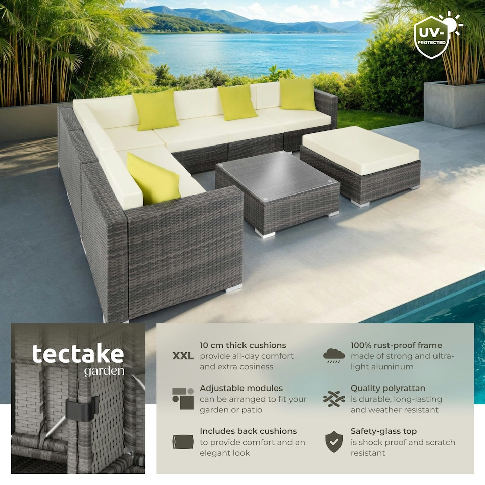 image 1 of Garden Furniture Set Marbella - 7 seater outdoor corner sofa, table, thick cushions - Grey