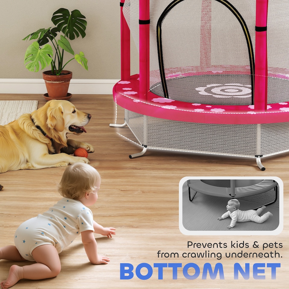 image 1 of AIYAPLAY 4.6FT Kids Trampoline with Safety Enclosure Net | Pink | Pink