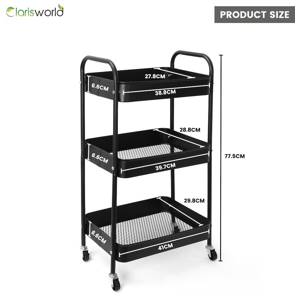 image 1 of Clarisworld 3 Tier Rolling Utility Cart, Metal Storage Trolley with Lockable Wheels & Handles, Mobile Storage Cart Organiser, Storage Rack for Kitchen, Bathroom, Bedroom, Office & Laundry Room