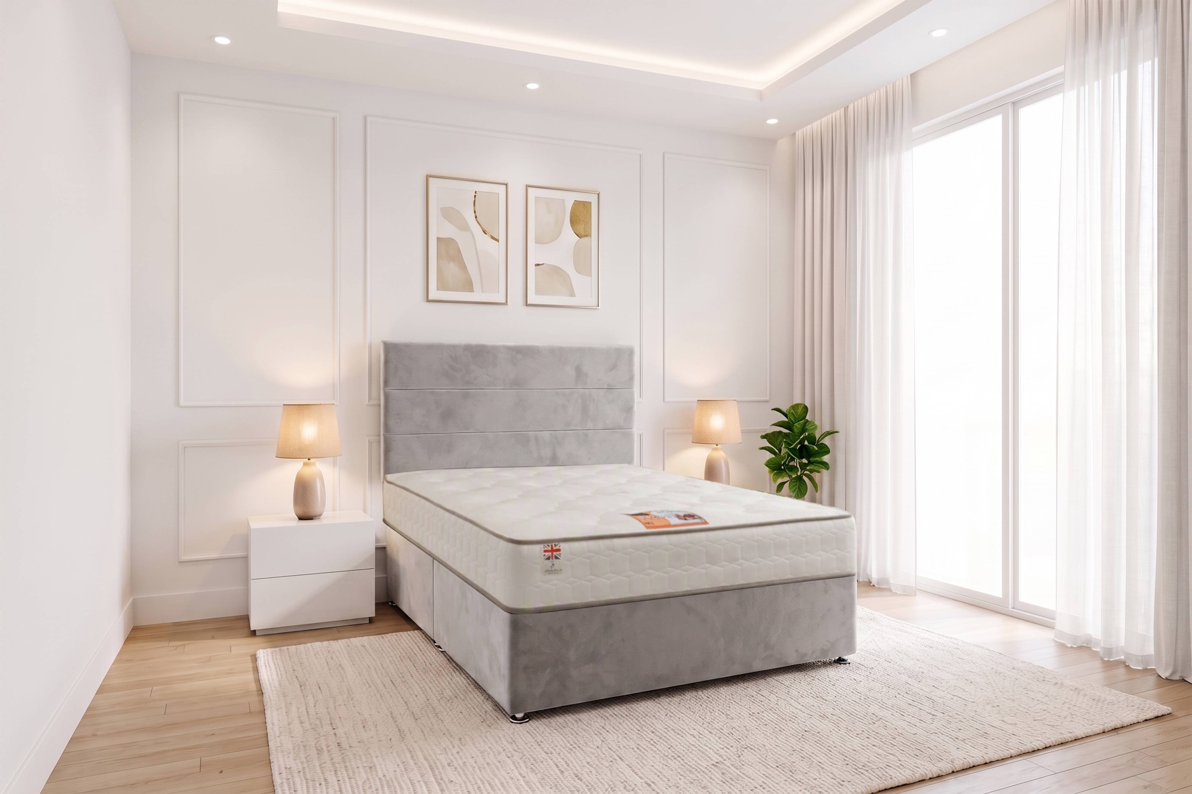 York Hybrid Sprung Orthopaedic Bed Set & Upholstered Headboard Plush ...