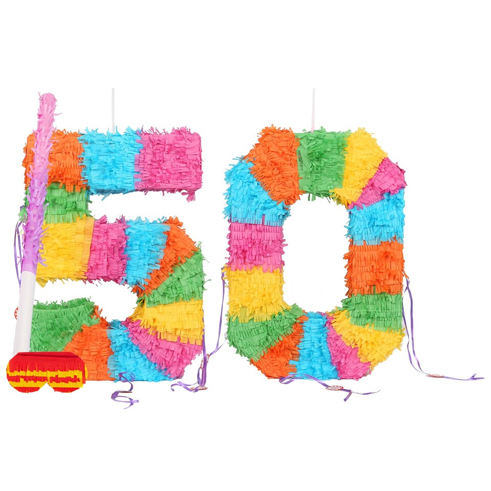 image 1 of Fax Potato 50th Birthday Pinata Set with Stick & Blindfold - Pink Stick