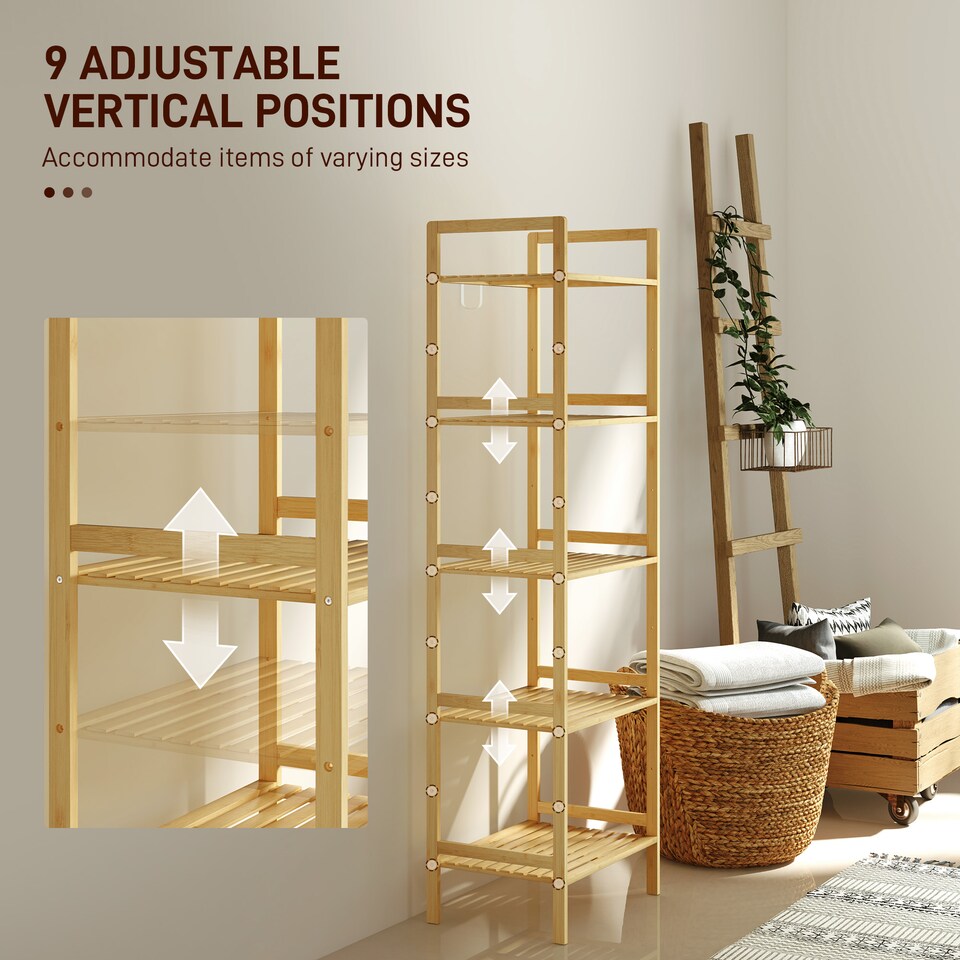image 1 of HOMCOM 5-Tier Bamboo Bathroom Storage Shelf, Freestanding Shelving Unit with Adjustable Rack for Kitchen Bathroom Living Room, Natural Wood Finish