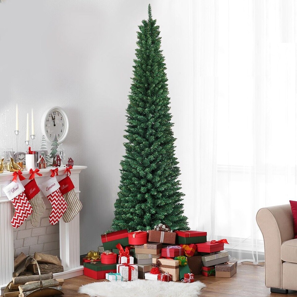 image 1 of COSTWAY 7Ft Slim Pencil Artificial Christmas Tree Home Decor w/Solid Metal Legs Green