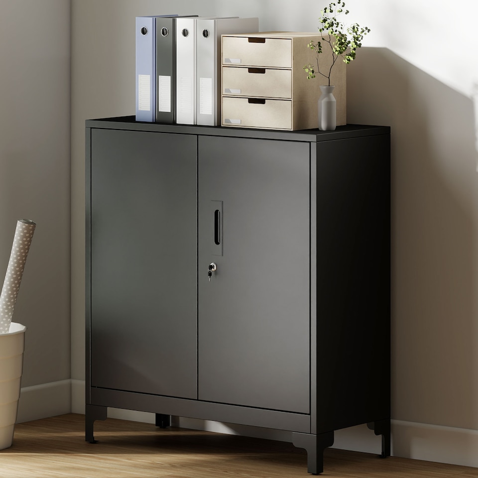 image 1 of HOMCOM Lockable Metal Filing Cabinet, 2-Tier Storage Cupboard | Black | Black | 80 x 35 x 91 cm