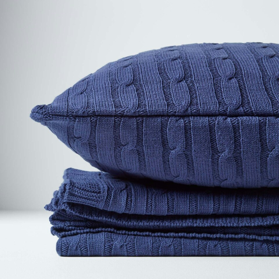 image 1 of Homescapes Cotton Cable Knit Throw - Navy Blue - 150 x 200 cm Blue