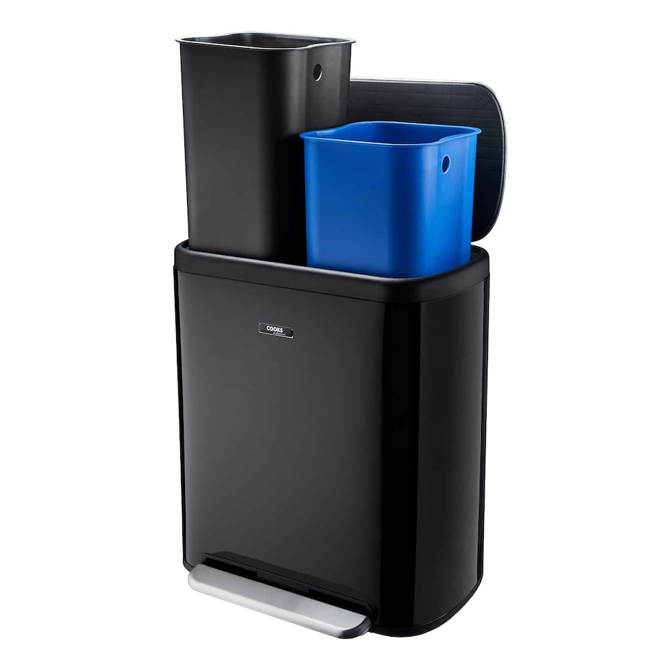 image 1 of Cooks Professional Dual Recycle Pedal Bin 60L | Single Pedal | 2 x 30L Removable Compartments | Black