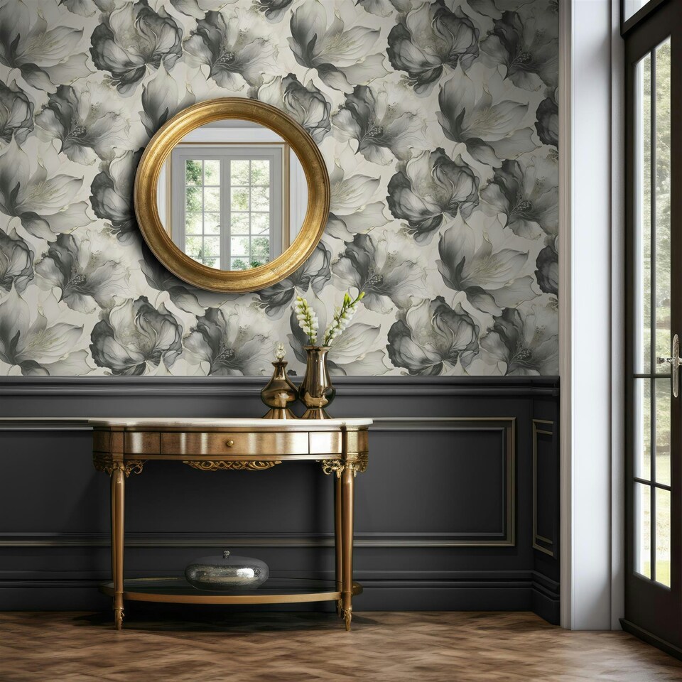 image 1 of Elysian Floral Black & Gold Wallpaper Black