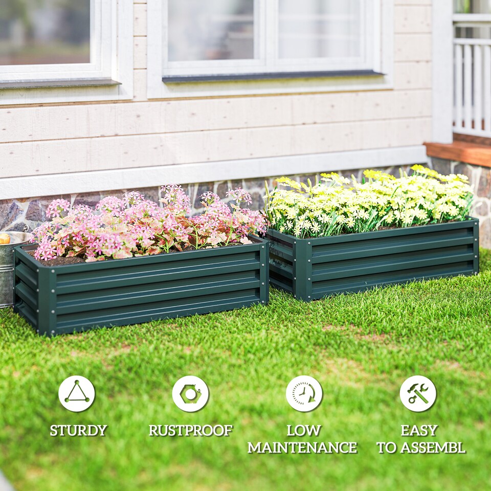 image 1 of Outsunny Set of 2 Raised Garden Bed Galvanised Planter Box, Green