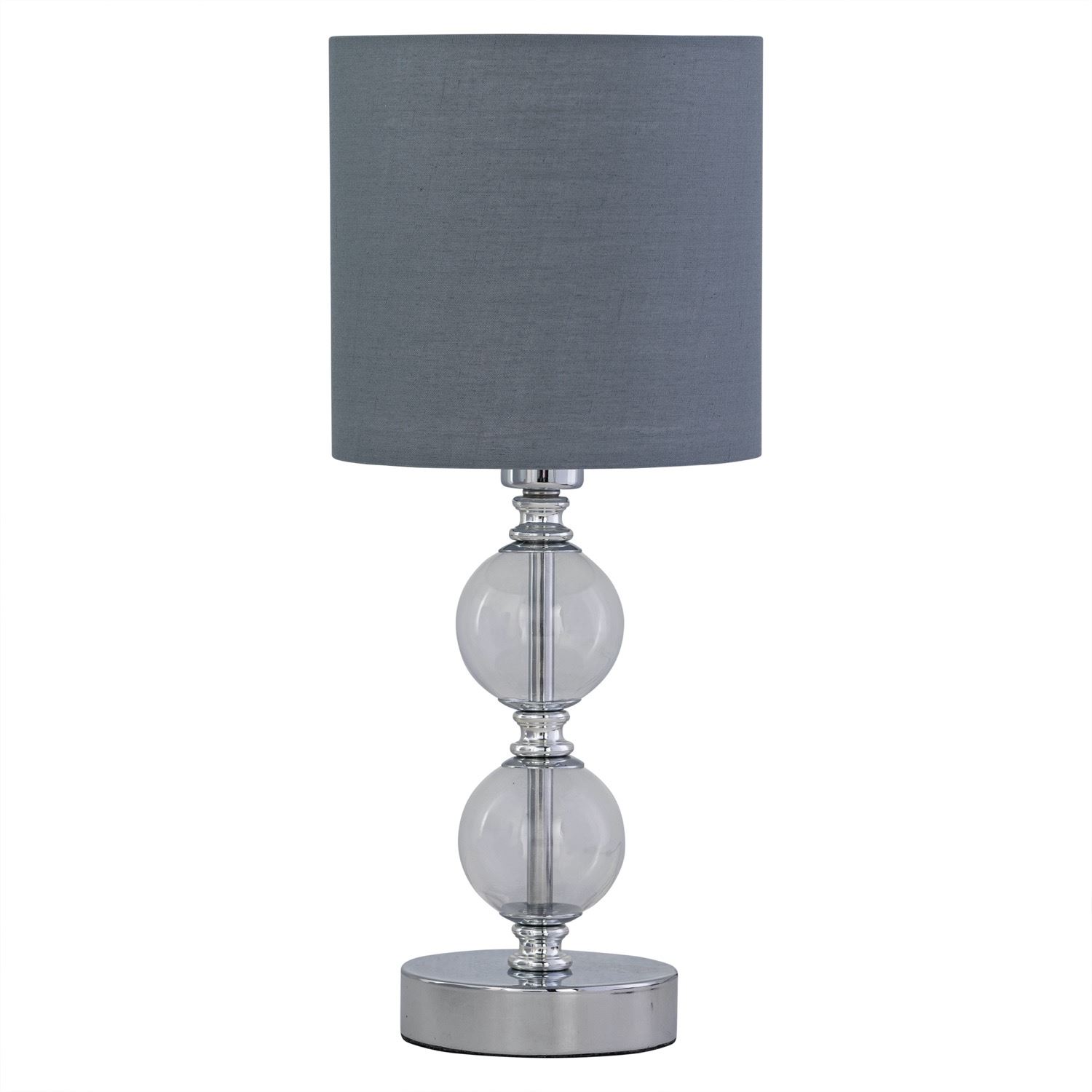 First Choice Lighting Chrome Two Ball Table Lamp with Grey Cotton Shade in Silver