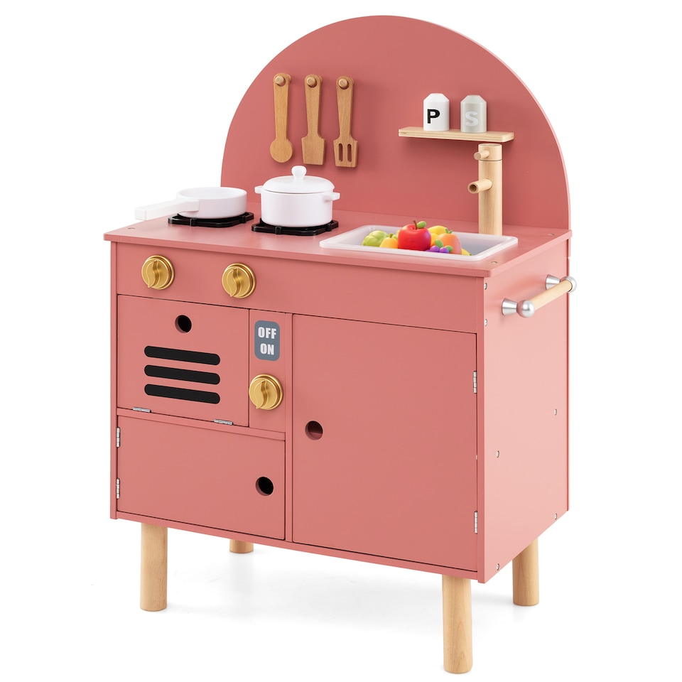 image 1 of COSTWAY Pretend Play Kitchen Wooden Kitchen Playset with Stoves Pink