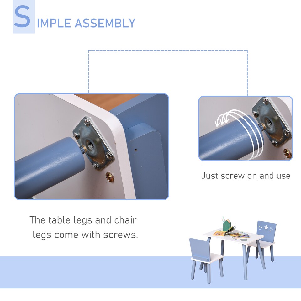 image 1 of HOMCOM 3 Pcs Kids Table & Chairs Dining Set Wood Legs Safe Corners Stars Seating | Blue