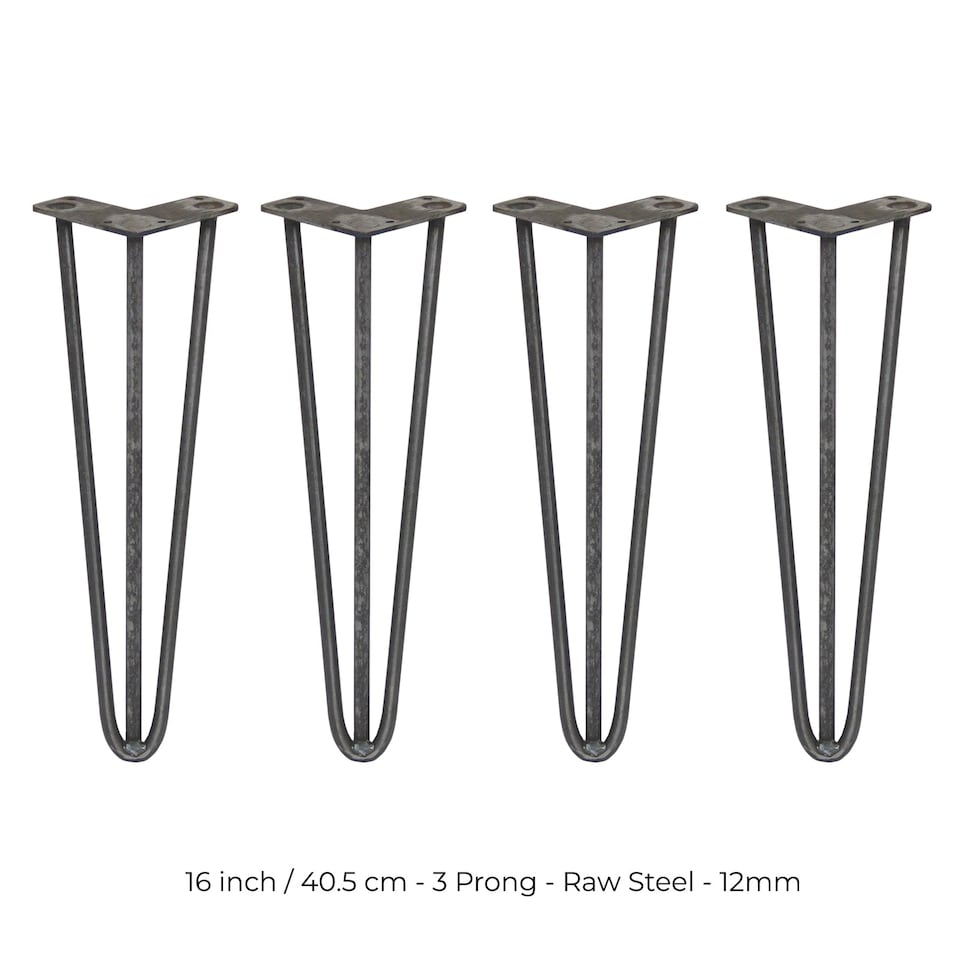 image 1 of 4 x 16" Hairpin Legs - 3 Prong - 12mm - Raw Steel