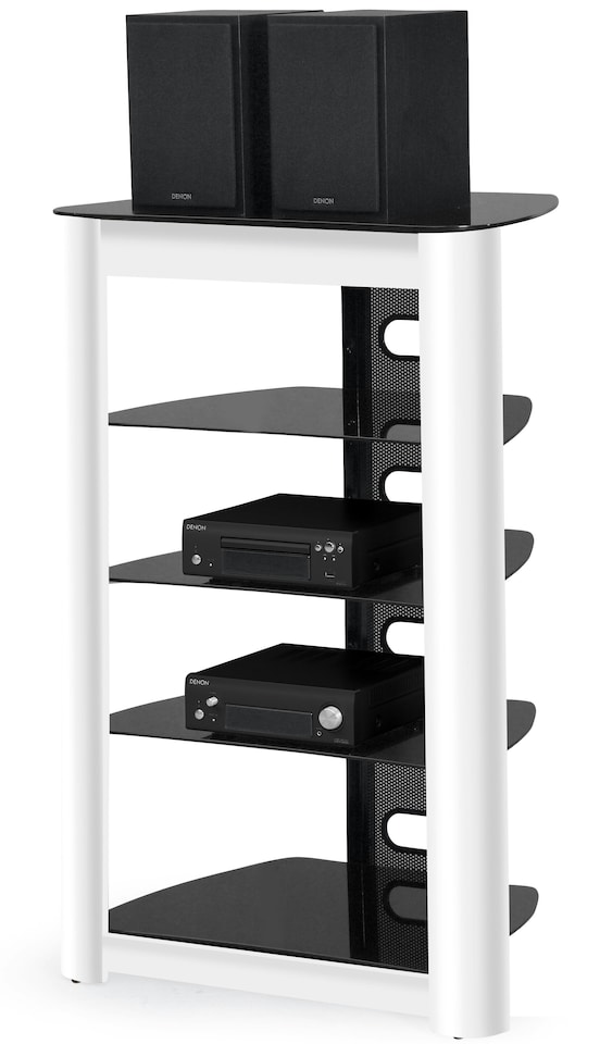 image 1 of Centurion Supports ZINNIA 5-Tier Black Glass Shelves with Gloss White Fascia Entertainment Media Audio Rack | White | Black | 1