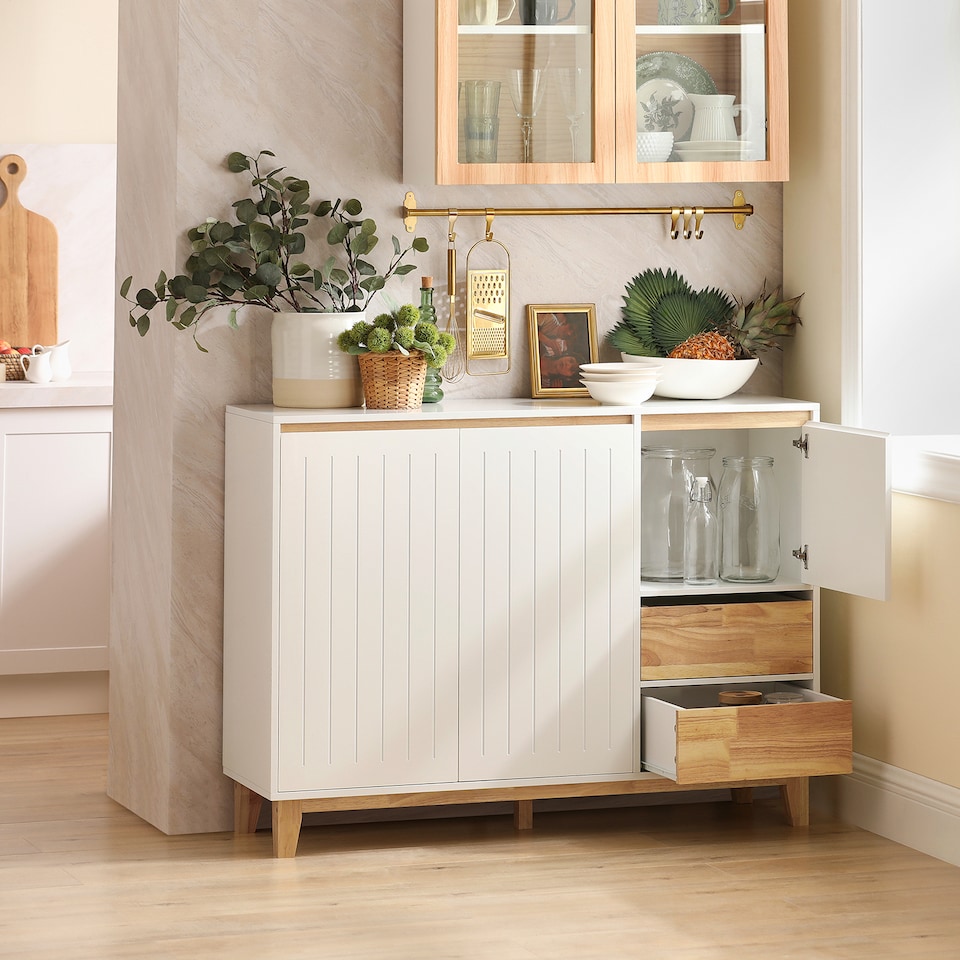 image 1 of SoBuy Low Sideboard with 2 Doors & 3 Drawers, White/Natural Wood, 47.2x15.7x35.4 inches, 27.1 kg - FSB75-WN