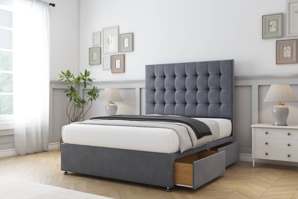 image 1 of Sloomy Alabama Steel Plush Divan Bed Base No Drawers With 54 Inch Floor Standing Headboard | Grey | Steel | Single | 1