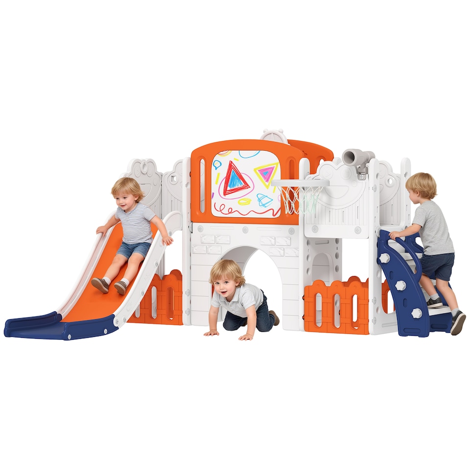 image 1 of AIYAPLAY 7 in 1 Toddler Slide Set, Frog Theme Playset with Basketball Hoop | Orange | Orange & White | 176L x 150W x 94H cm