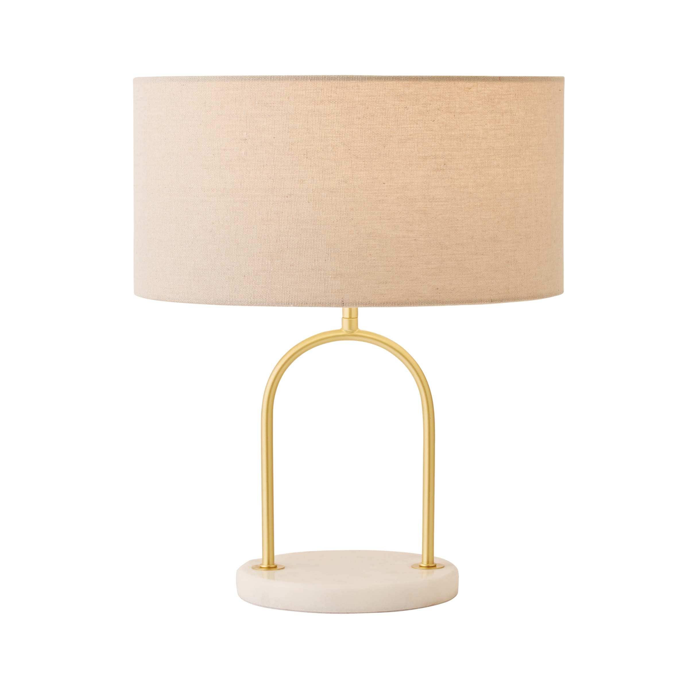ValueLights Rachel Brushed Gold Arch Marble Base Table Lamp with Natural Shade in Off-White