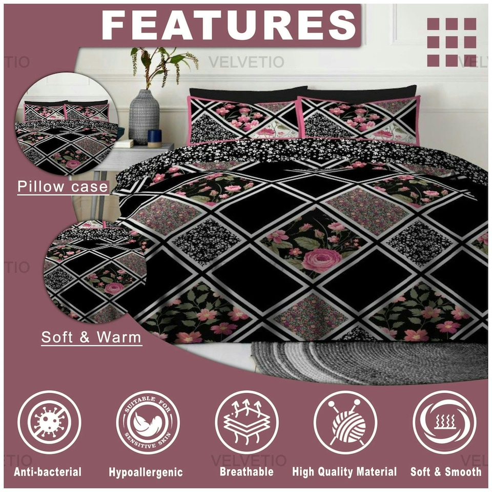 image 1 of VELVETIO Mitra Complete Duvet Cover Set with Fitted Sheet Soft Polycotton Bedding Sets Black | King