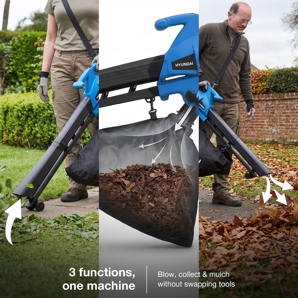 image 1 of Hyundai 3 in 1 Leaf Blower Vacuum Shredder Mulcher 3000W 34L Bag 10m Cable HYBV3000E3