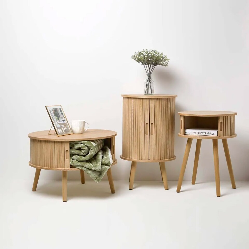 image 1 of Homescapes Modern Side Table, Round Cabinet with Sliding Tambour Doors, 65cm