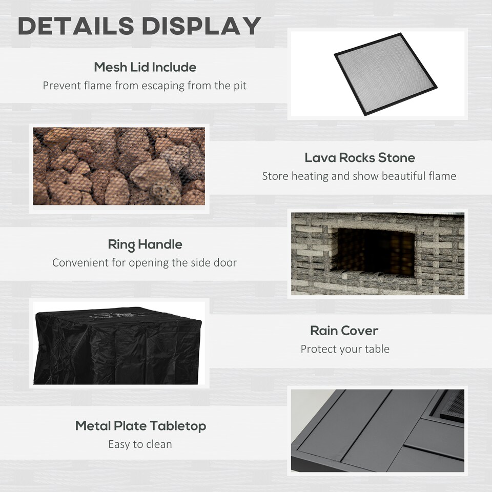 image 1 of Outsunny Fire Pit Table w/ Rain Cover, Mesh Lid & Lava Stone, 40,000 BTU