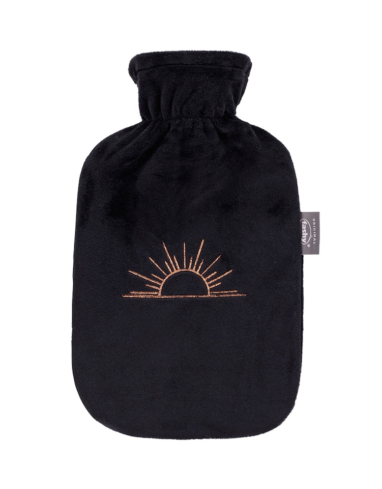 Fashy 2 Litre Hot Water Bottle with Sunrise Plush Cover - Black