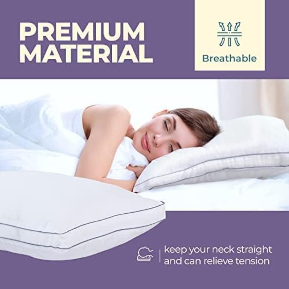 image 1 of 100% Egyptian Cotton Bed Pillow Extra Filling for The Best Sleep Hypoallergenic Dust Mite Resistant Hotel Pillows - Pack of 2