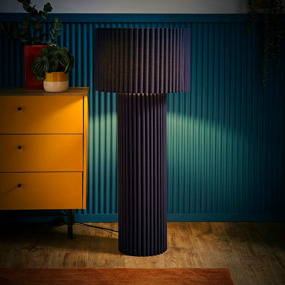 image 1 of ValueLights Lenny Navy Blue Drum Lamp Shade Colour Drench Ribbed Fabric Midi Floor Lamp Blue