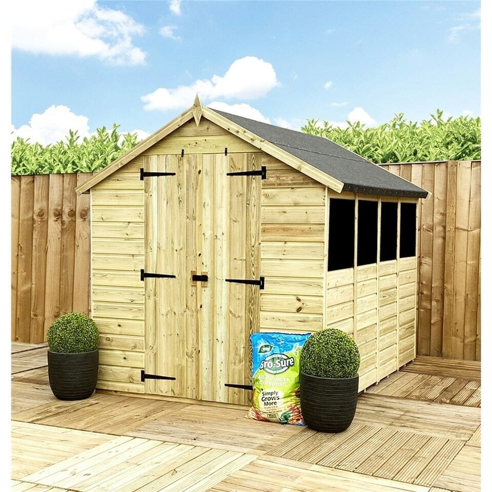 image 1 of 12 x 4 Pressure Treated Tongue And Groove Double Door Apex Shed - 4 Windows + Low Eaves (12' x 4') / (12ft x 4ft) (12x4)