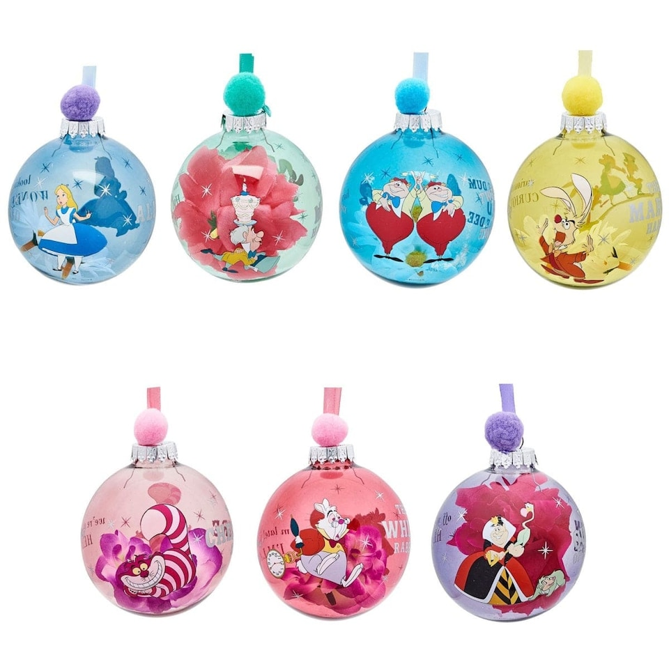 image 1 of Widdop Gifts Disney Alice in Wonderland Set of 7 Christmas Tree Baubles