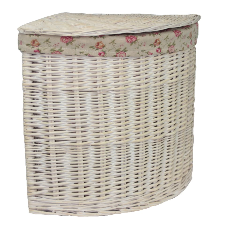 image 1 of Small Corner White Wash Laundry Basket with a Garden Rose Lining Multi | Garden Rose