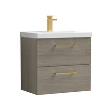 600mm Wall Hung 2 Drawer Vanity Basin Unit, Mid Oak, Brass Handles | Brown | Solace Oak | 579 x 610 x 390mm