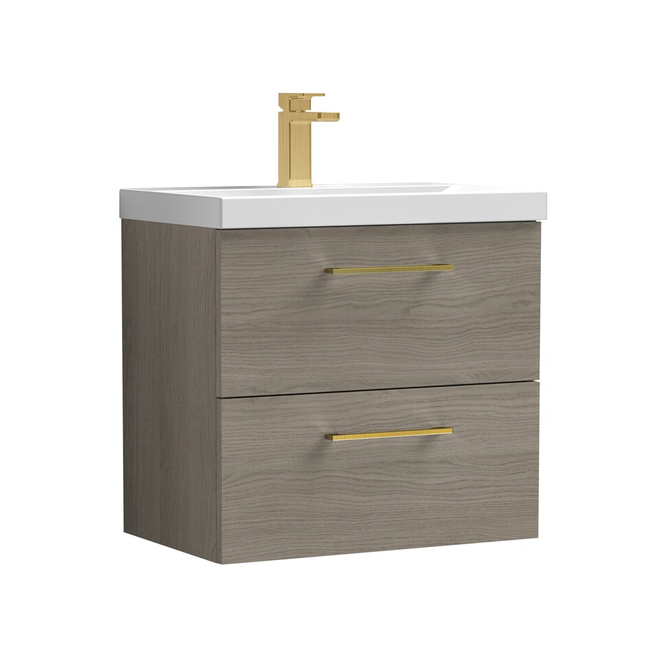600mm Wall Hung 2 Drawer Vanity Basin Unit, Mid Oak, Brass Handles | Brown | Solace Oak | 579 x 610 x 390mm