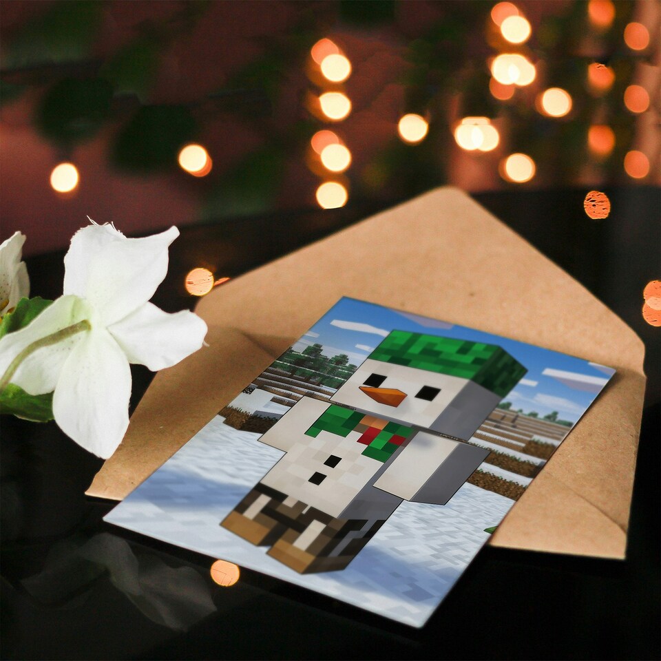 image 1 of Snow Man Winter Block World Video Game Design Blank For Him Or Her Art Christmas Card