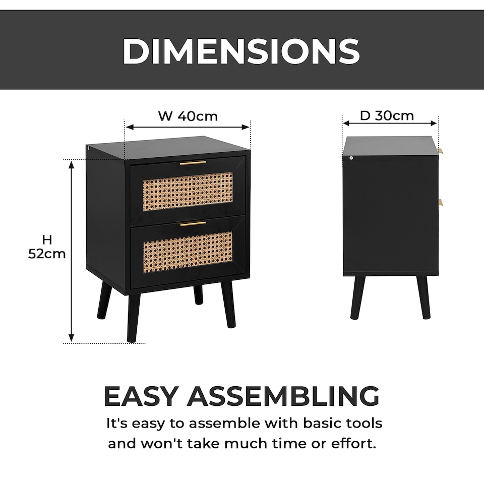 image 1 of Modern Black Rattan Bedside Table with 2 Drawers - Bedside Cabinet for Bedroom & Living Room (W40 x D30 x H52cm)
