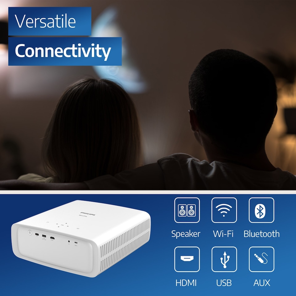 image 1 of Philips NeoPix 750 Smart Projector White, 120", 1080p, LED, Wi-Fi screen mirroring experience