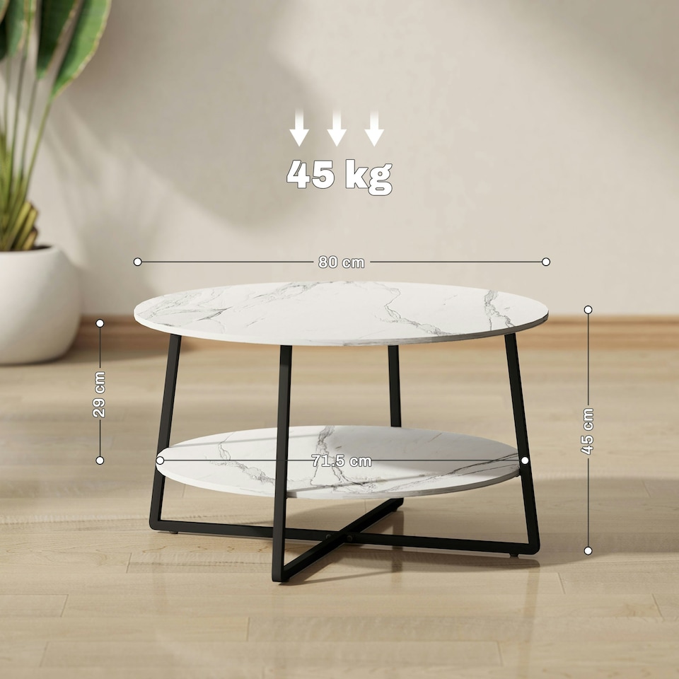 image 1 of HOMCOM Round Coffee Table with Storage Shelf and Marble Effect Top, White