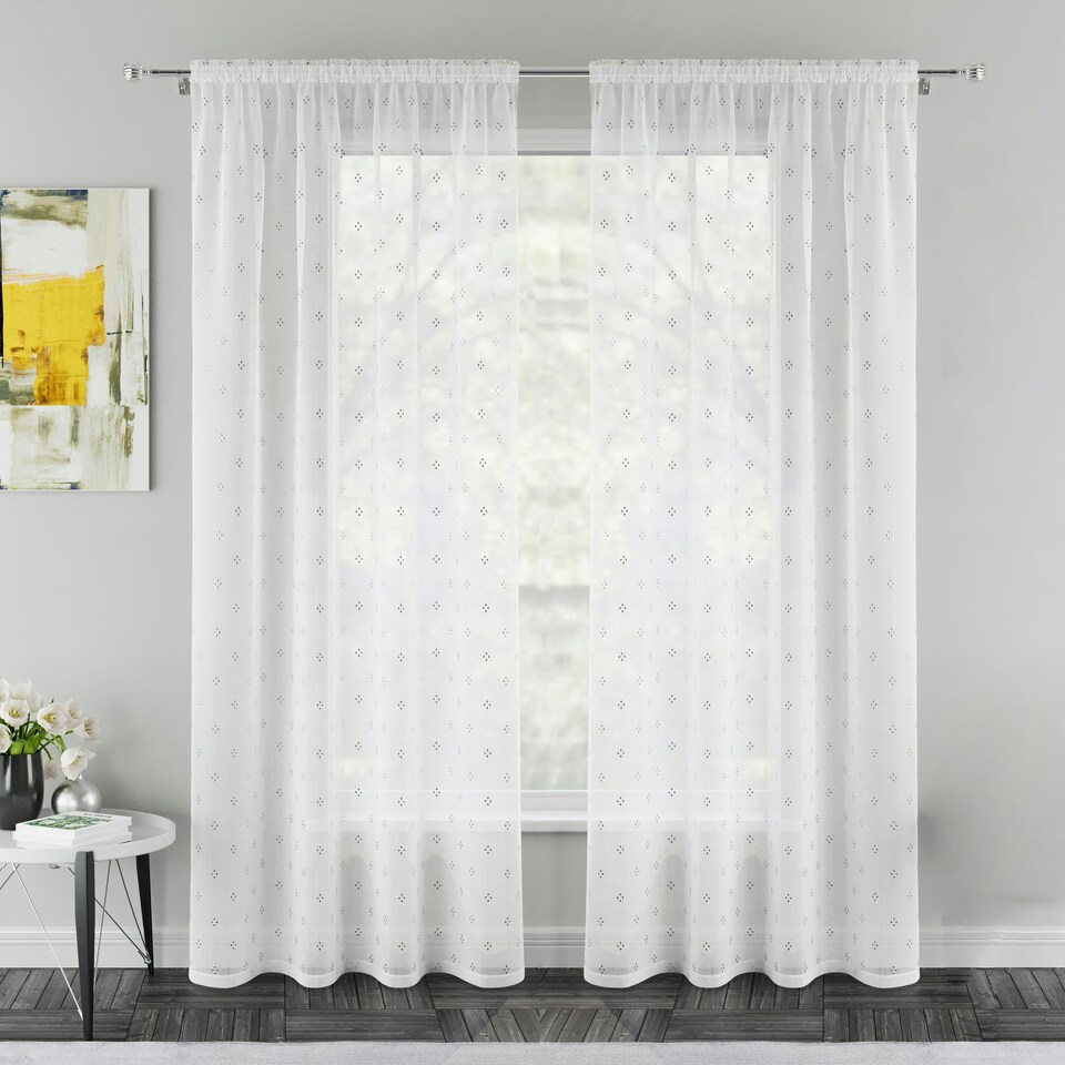 image 1 of Pair of Destiny Silver Metallic Diamond Print Voile Panels 122 cm (48 inch) Rod Pocket Panels for Bedroom and Living Room