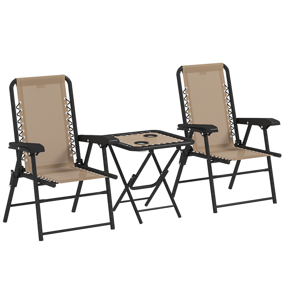image 1 of Outsunny 3 Pieces Garden Bistro Set, Folding Table and Chairs Set, Metal Garden Furniture Set with Cup Holders for Outdoor, Patio, Balcony, Khaki | Brown