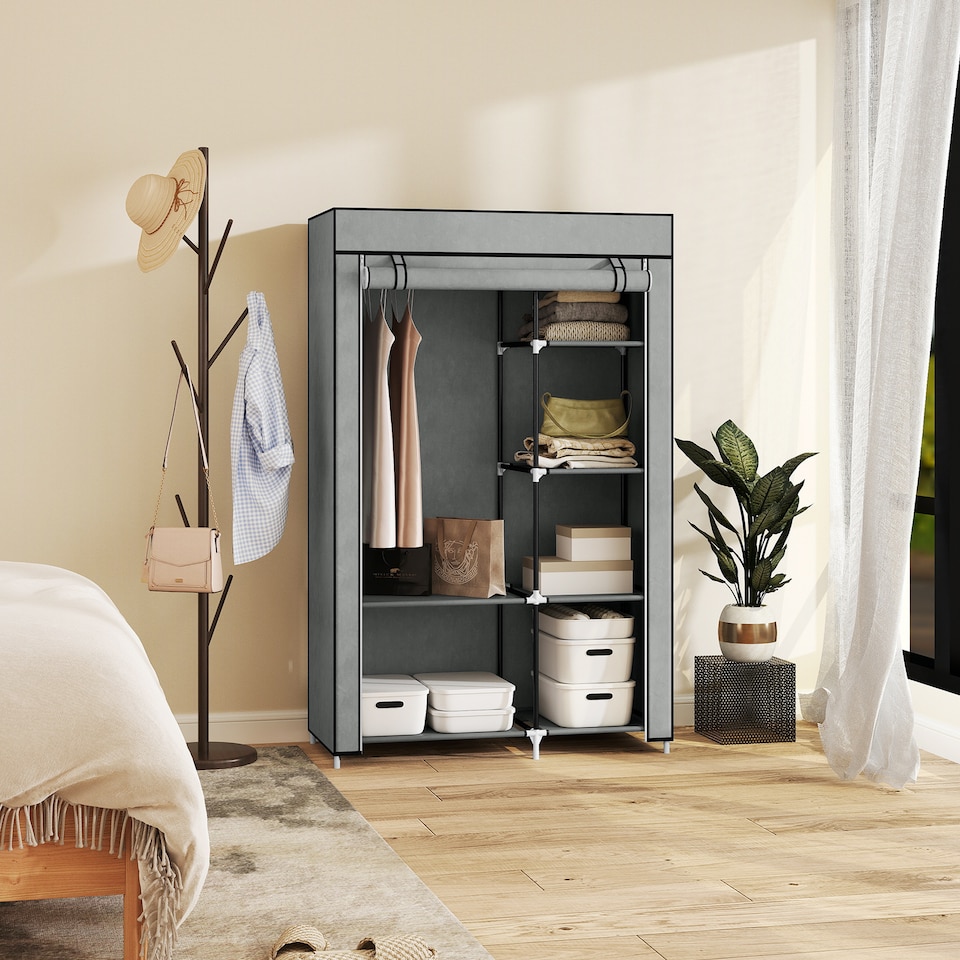 image 1 of HOMCOM Fabric Wardrobe, Portable Wardrobe with 6 Shelves, 1 Hanging Rail, Foldable Closets, 103 x 43 x 162.5 cm, Light Grey