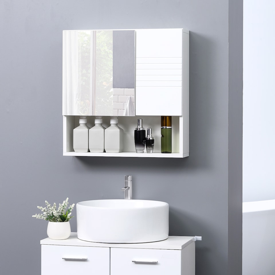 image 1 of kleankin Bathroom Mirror Cabinet Wall-Mounted Storage w  Double Door Adjustable Shelf - White