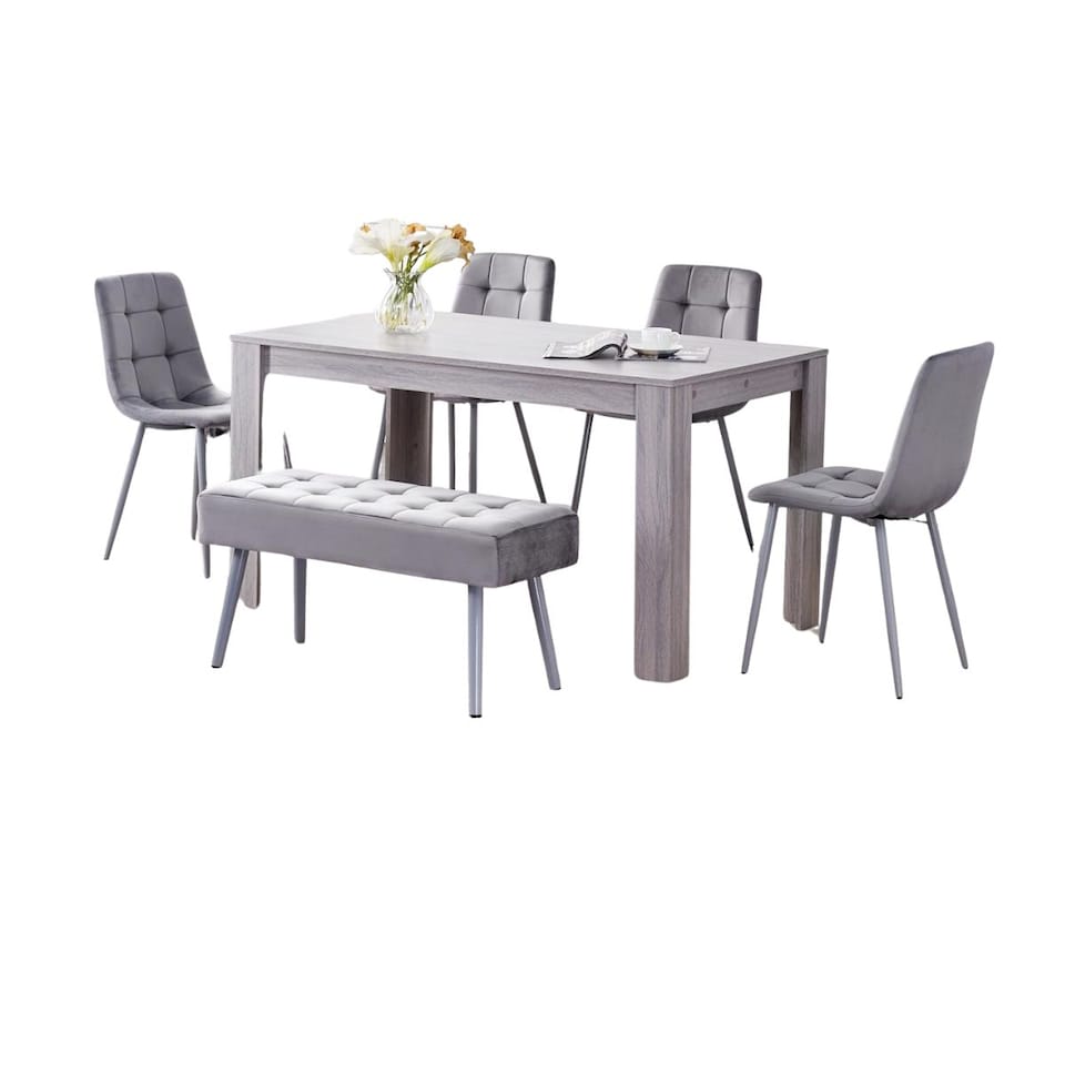 image 1 of Dining Table and 4 Chairs With Bench Grey 4 Grey Velvet Chairs Wood Table Dining Set Furniture