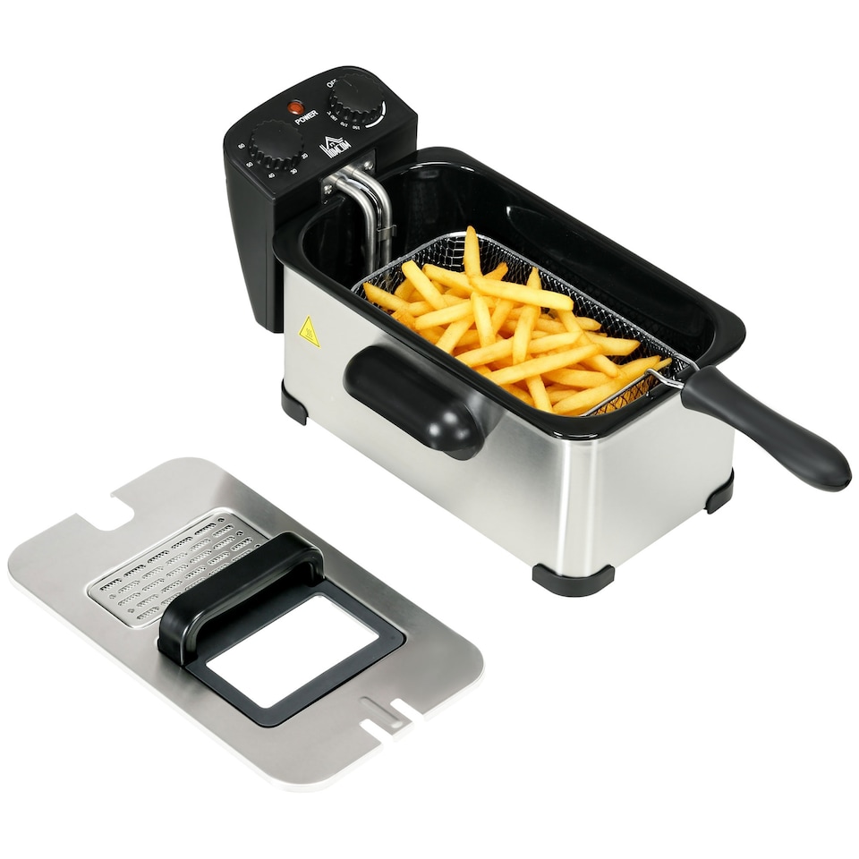 image 1 of HOMCOM 3 Litre Deep Fat Fryer Stainless Steel with Adjustable Temperature, 60min Timer, Removable Oil Basket, Viewing Window and Safety Cut Out, 2000W