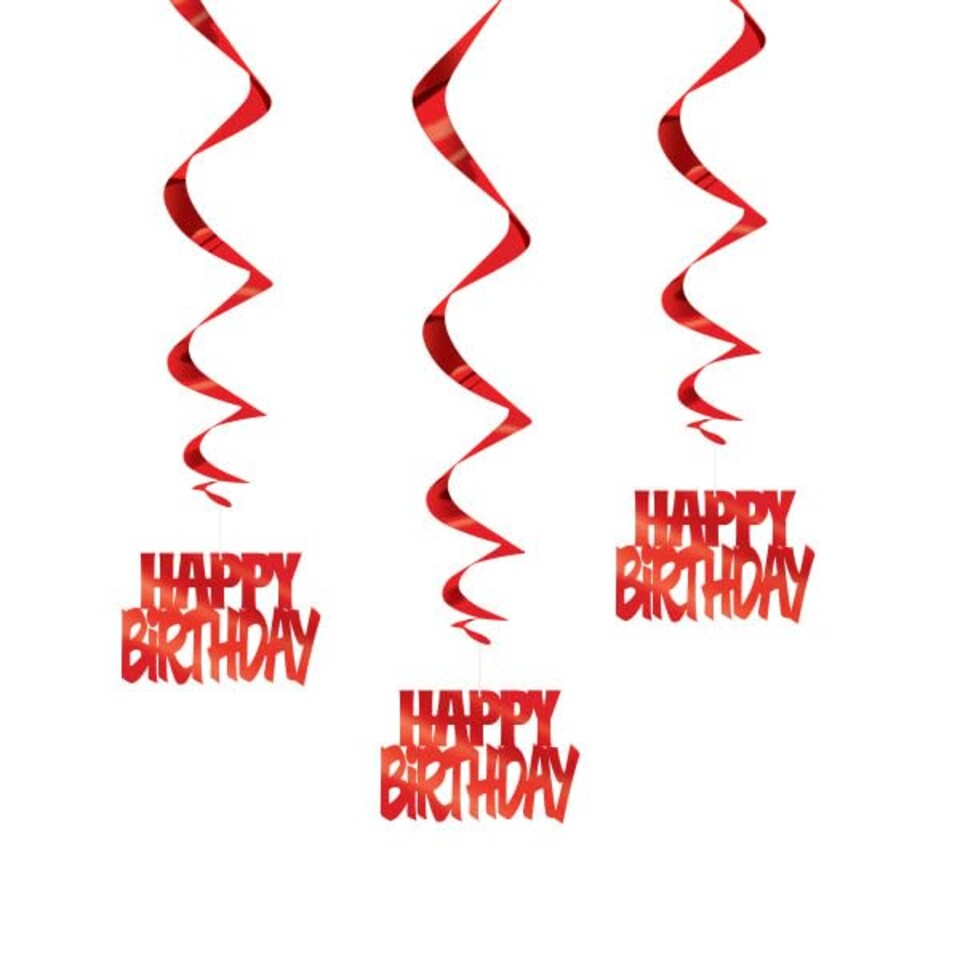image 1 of Red Happy Birthday Script Hanging Swirl Decorations - Pack of 3