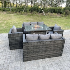 Fimous Outdoor Rattan Garden Furniture Gas Fire Pit Table Sets Gas Heater Lounge Chairs Dark Grey 8 Seater