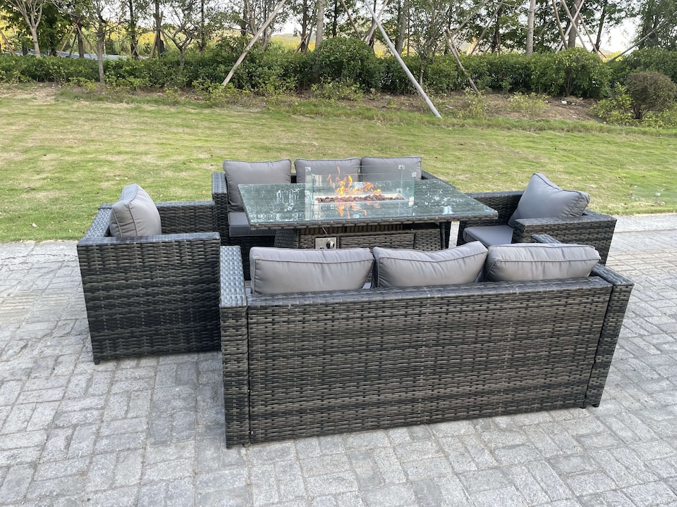image 1 of Fimous Outdoor Rattan Garden Furniture Gas Fire Pit Table Sets Gas Heater Lounge Chairs Dark Grey 8 Seater