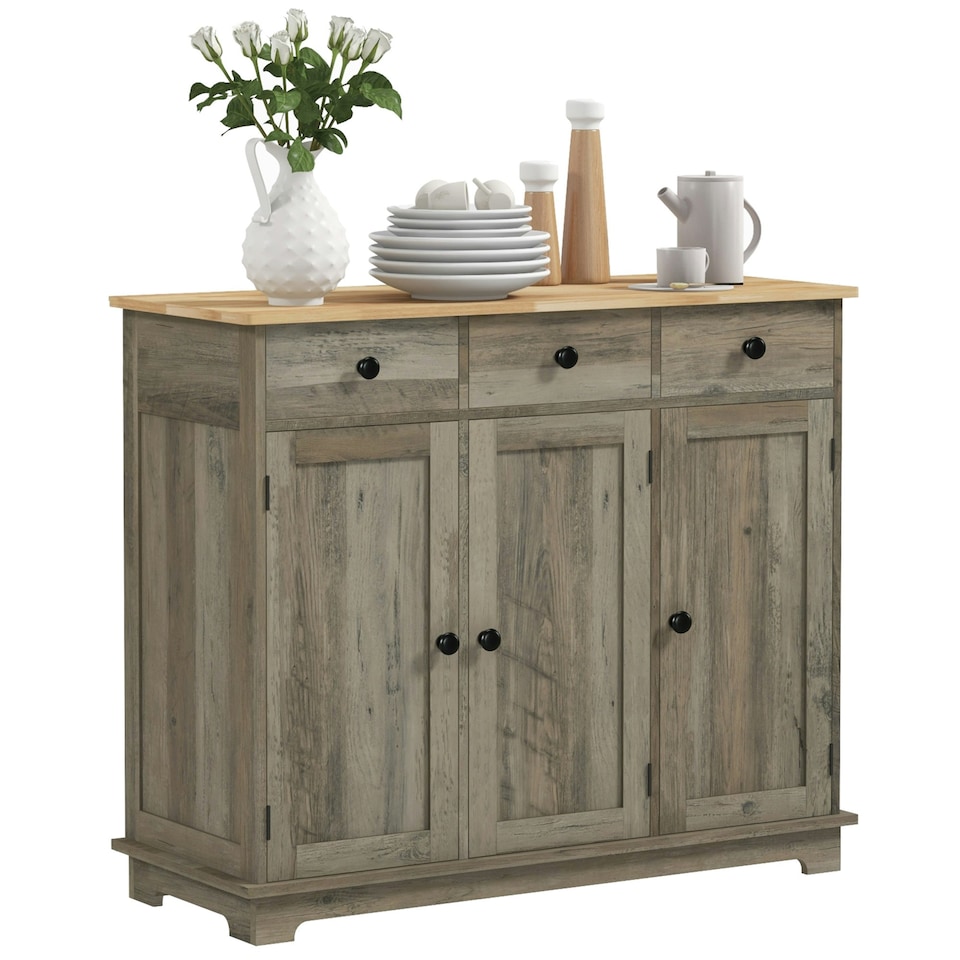 image 1 of HOMCOM Sideboard Buffet Cabinet with Rubber Wood Top and Drawers, Grey 
