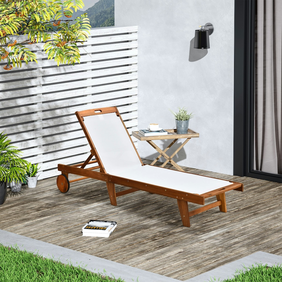image 1 of Outsunny Outdoor Acacia Wood Texteline Sun Lounger